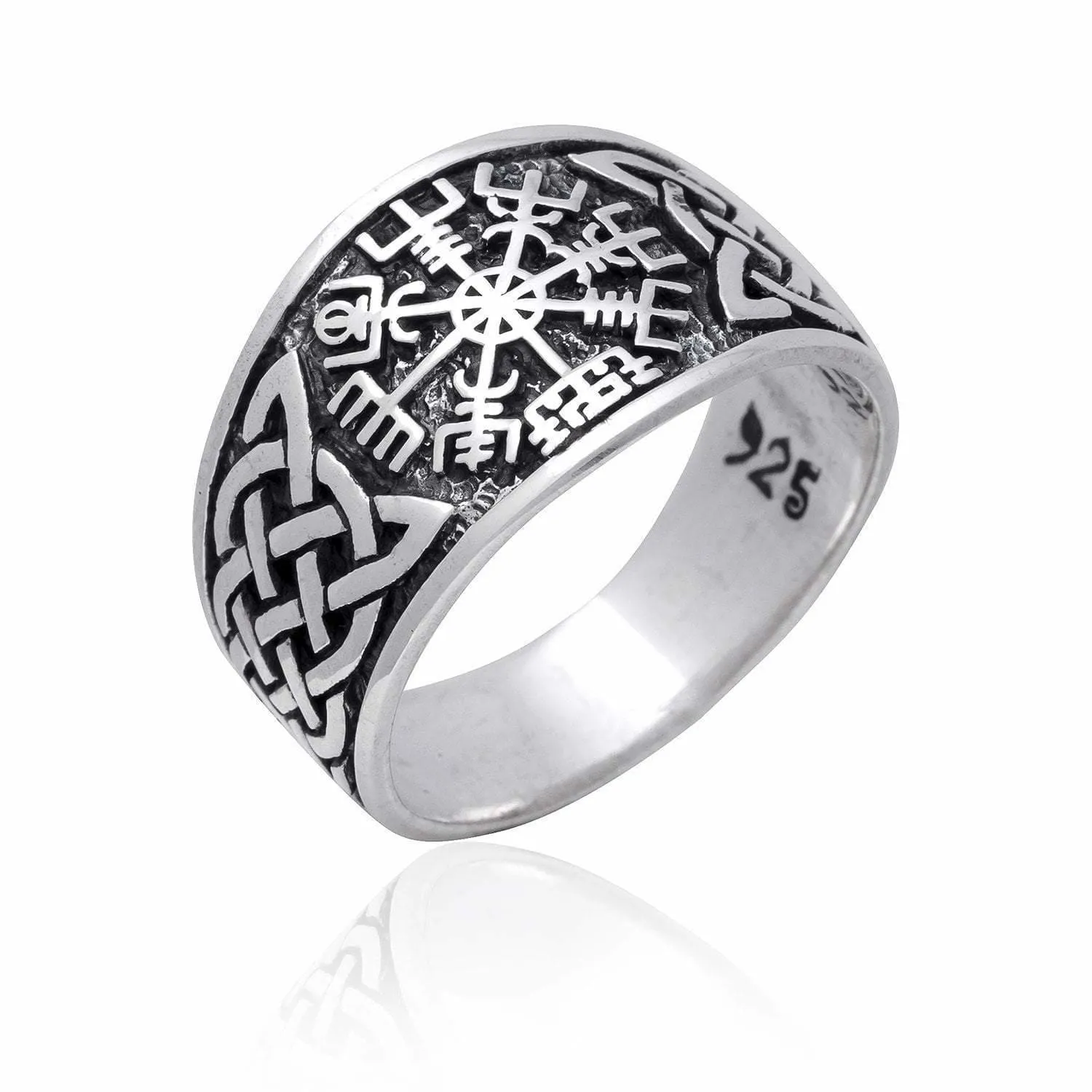 925 Sterling Silver 'Distressed' Vegvisir and Celtic Knot Viking Ring