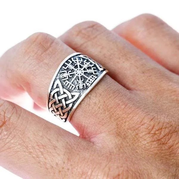 925 Sterling Silver 'Distressed' Vegvisir and Celtic Knot Viking Ring