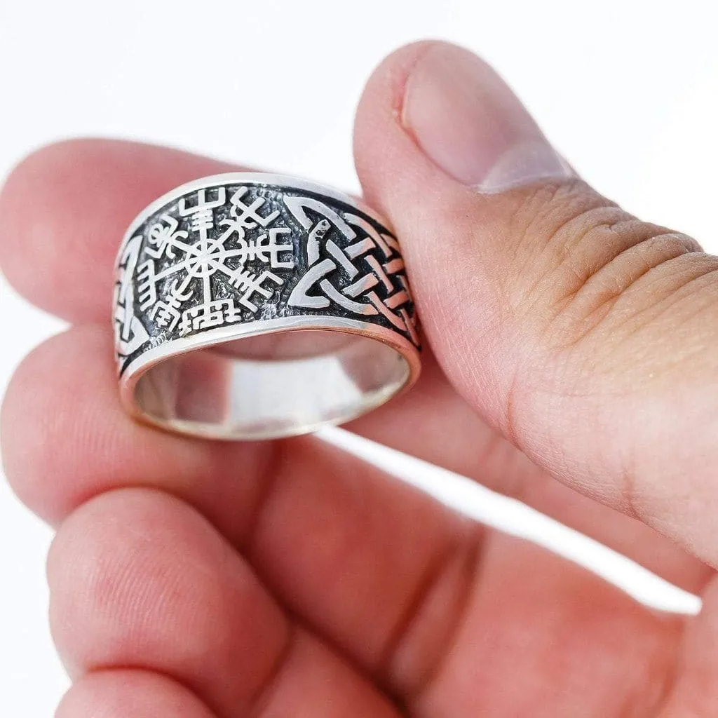 925 Sterling Silver 'Distressed' Vegvisir and Celtic Knot Viking Ring