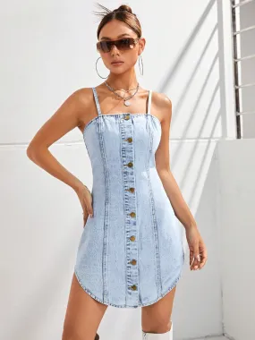 Button Up Spaghetti Strap Denim Dress