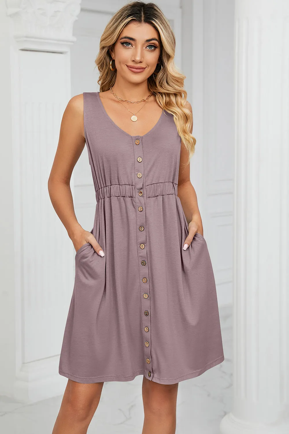 Buttoned Wide Strap Mini Dress