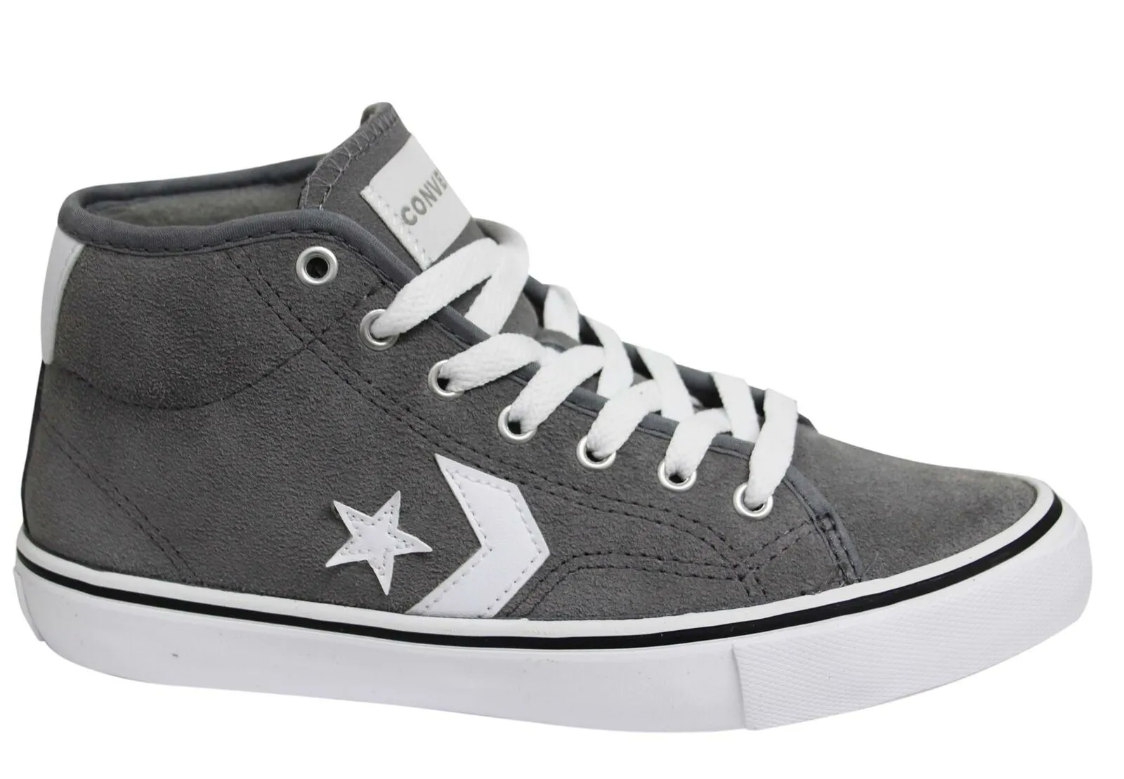 Converse Star Replay Mid Grey White Leather Lace Up Junior Trainers 665324C