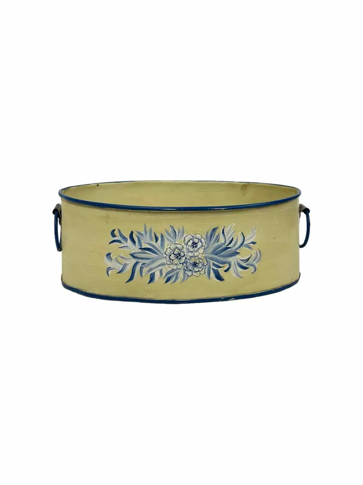 CRM/BLU/WHT METAL OVALISH 3.5" H X 9" W DECORATIVE PLANTER