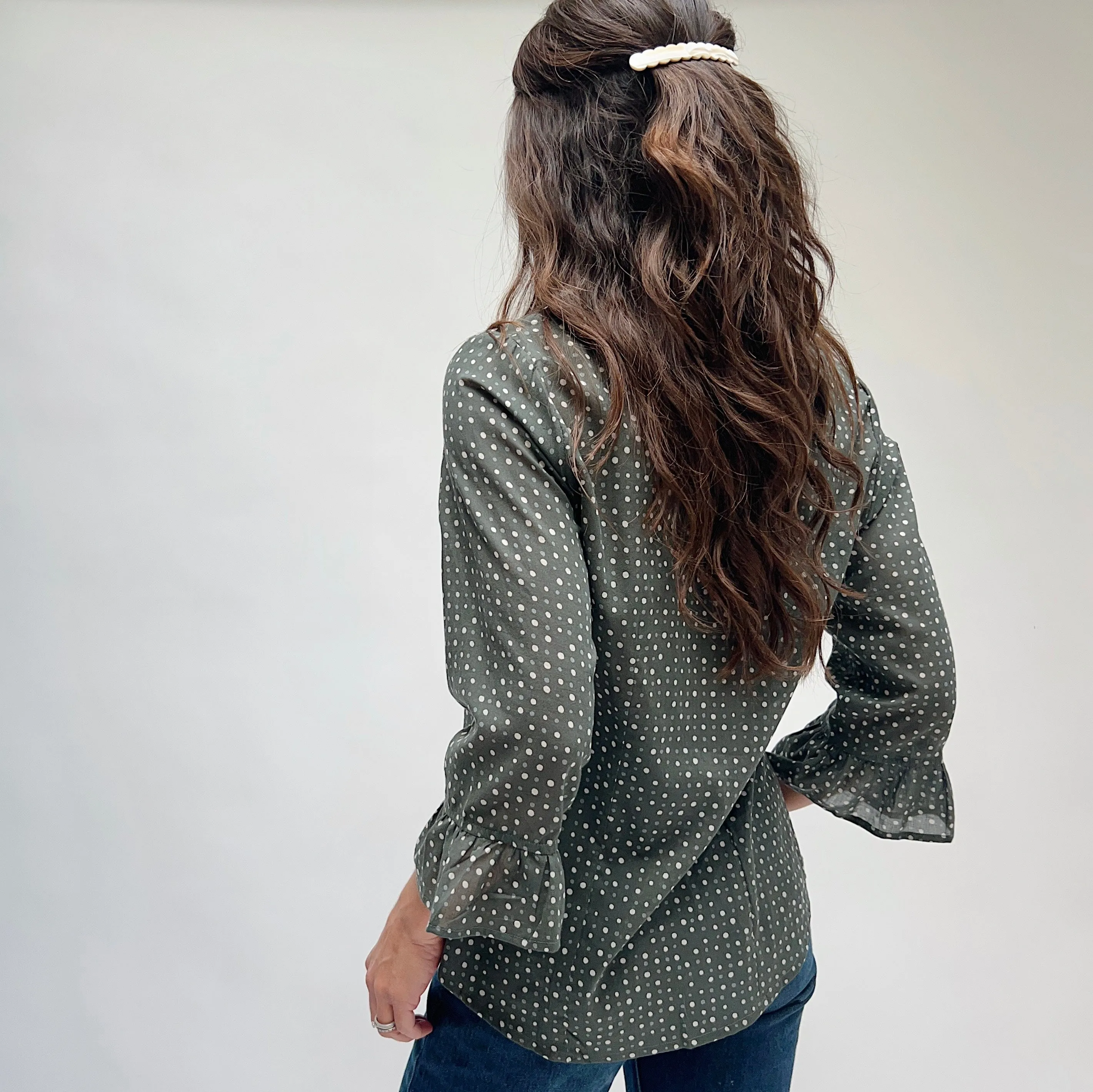 Little Journeys | Paris Blouse in Charcoal Polka Dots