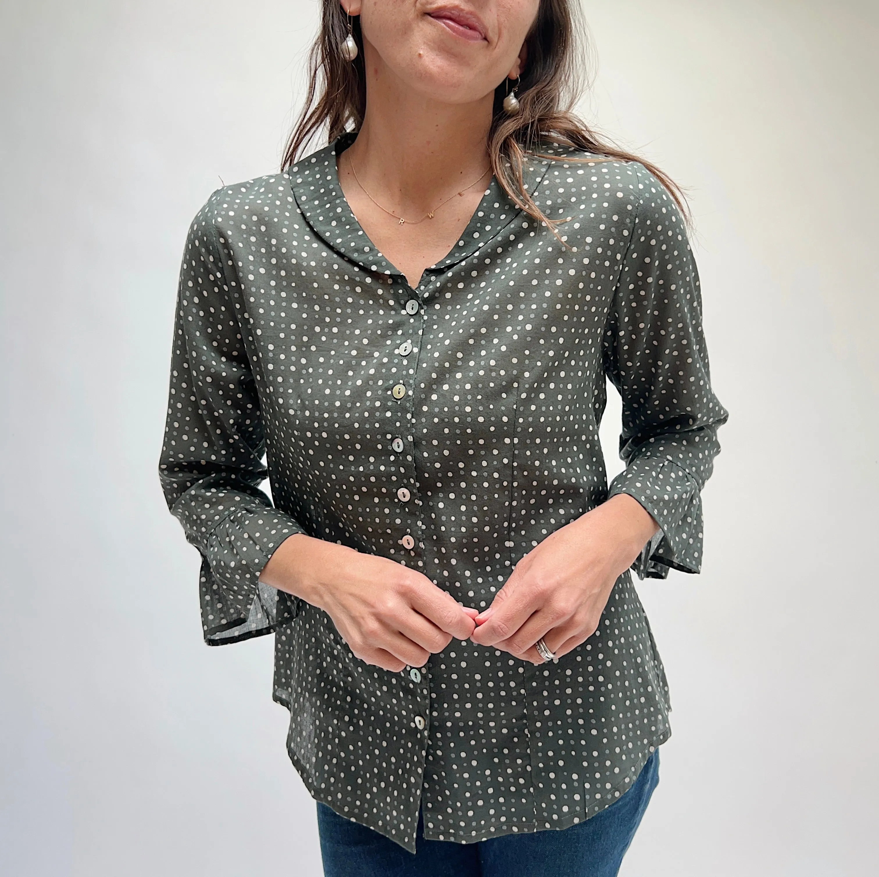 Little Journeys | Paris Blouse in Charcoal Polka Dots