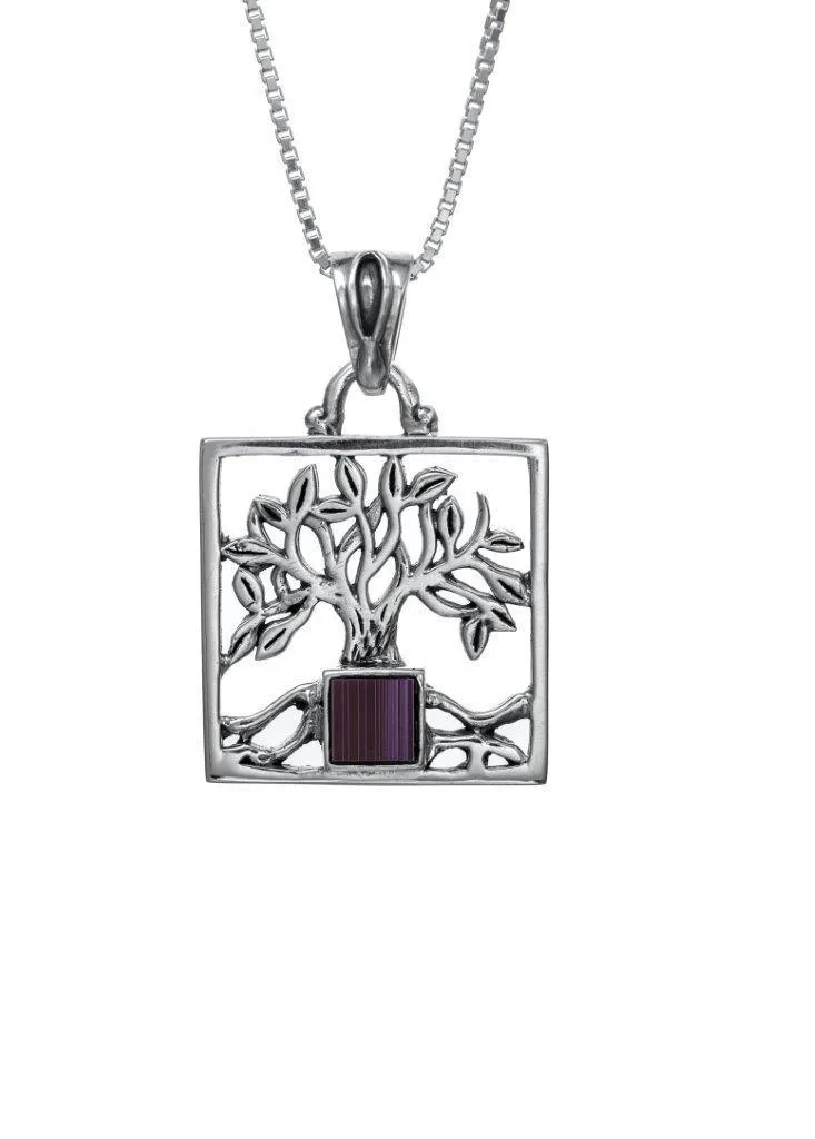 Nano Sim OB Silver Pendant - Tree of Life with Square Frame from the Holy Land